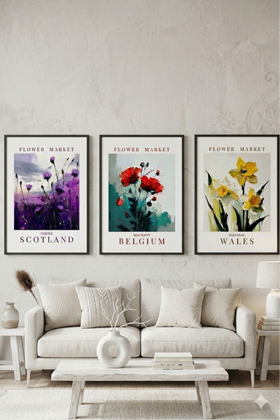 Sekiz8 Piața florilor Flori Tablou modern cu 3 rame negre - Imprimare digital...