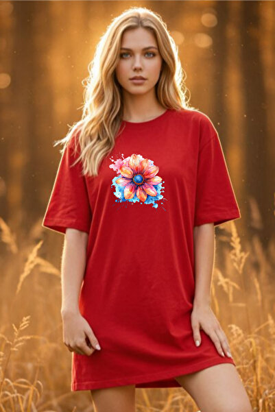Pink Sky Elbisee Women's Red Oversize T-Shirt Dress – Colorful Floral Print