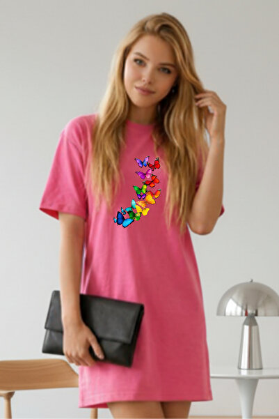 Pink Sky Elbisee Γυναικείο Κόκκινο Φόρεμα T-Shirt Oversize – Με στάμπα πολύχρ...