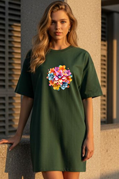 valeriae Elbisee Γυναικείο Κόκκινο Φόρεμα T-Shirt Oversize – Με Πολύχρωμο Σχέ...