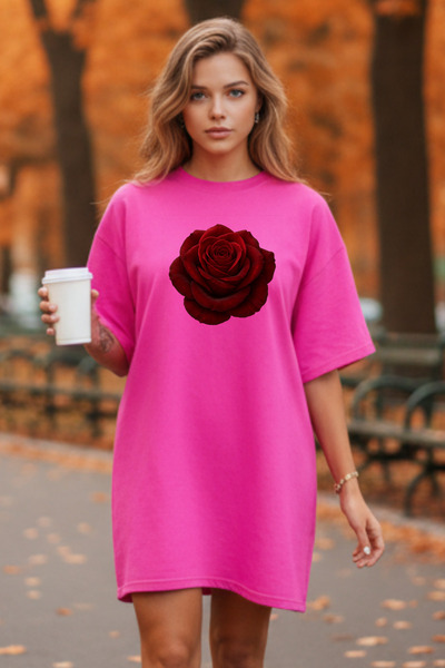 Pink Sky Elbisee Γυναικείο Κόκκινο Φόρεμα T-Shirt Oversize – Με σχέδιο κόκκιν...