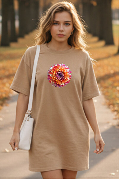 valeriae Elbisee Women's Red Oversize T-Shirt Dress – Orange Floral Pattern