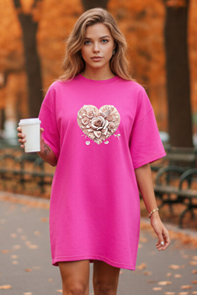 Pink Sky Elbisee Γυναικείο Κόκκινο Φόρεμα T-Shirt Oversize – Με Σχέδιο Καρδιά...