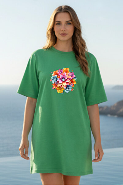 Pink Sky Elbisee Γυναικείο Κόκκινο Φόρεμα T-Shirt Oversize – Με Πολύχρωμο Σχέ...