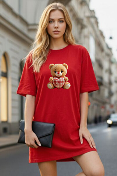 Frisson Elbisee Women's Red Oversize T-Shirt Dress – Love Teddy Bear Heart Print