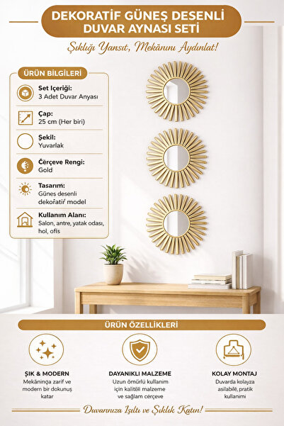 GenelTedarik Premium Güneş Tasarım Gold Duvar Aynası Seti 3’lü Modern Dekor