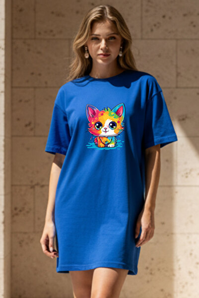 Frisson Elbisee Women's Red Oversize T-Shirt Dress – Colorful Cat Print