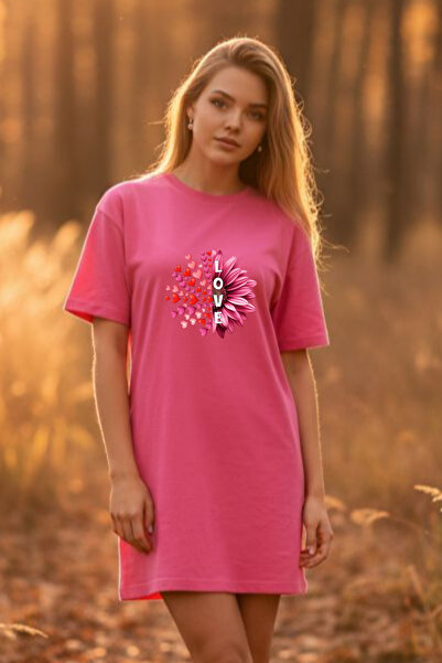 Frisson Γυναικείο μαύρο φόρεμα μπλουζάκι oversize Elbisee – με στάμπα λουλουδ...