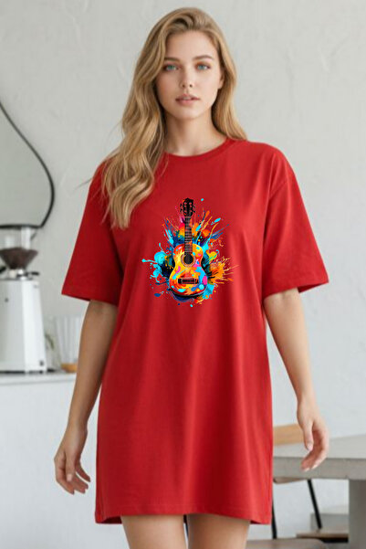 valeriae Elbisee Γυναικείο Κόκκινο Φόρεμα T-Shirt Oversize – Με Πολύχρωμη Στά...