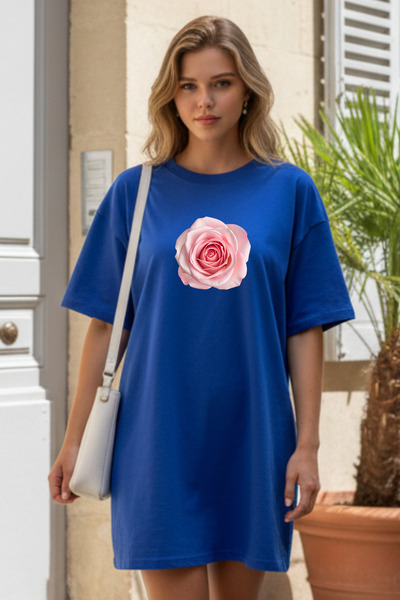 Pink Sky Elbisee Γυναικείο Κόκκινο Φόρεμα T-Shirt Oversize – Ροζ Τριαντάφυλλο...