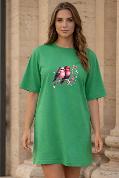 Pink Sky Γυναικείο πράσινο φόρεμα μπλουζάκι Elbisee – με χαριτωμένα πουλιά κα...