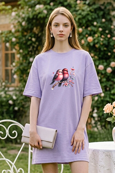 Pink Sky Γυναικείο πράσινο φόρεμα μπλουζάκι Elbisee – με χαριτωμένα πουλιά κα...