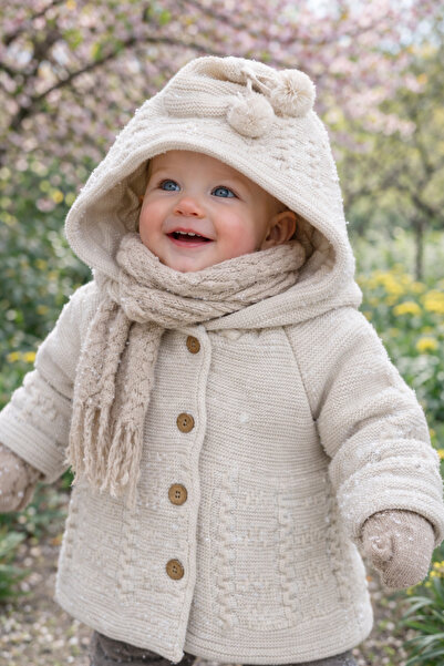 BİANCOFİGLİO Front-Buttoned Hooded Double-Layered Baby Cardigan 5-12 Months