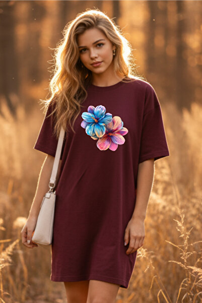 bellanova Elbisee Γυναικείο Κόκκινο Φόρεμα T-Shirt Oversize – Πολύχρωμο με Στ...