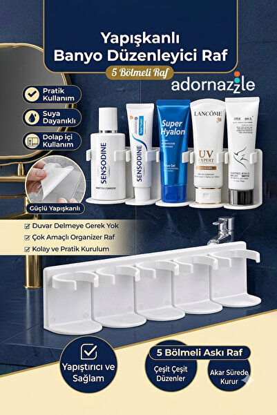 Adhesive Bathroom Organizer Shelf, 5 Compartment Shelf, Cream Cosmetic, Brush and Bottle Organizer