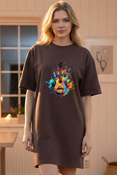 Frisson Elbisee Γυναικείο Κόκκινο Φόρεμα T-Shirt Oversize – Με Πολύχρωμη Στάμ...