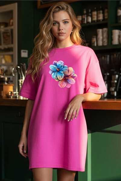 Pink Sky Elbisee Γυναικείο Κόκκινο Φόρεμα T-Shirt Oversize – Πολύχρωμο με Στά...