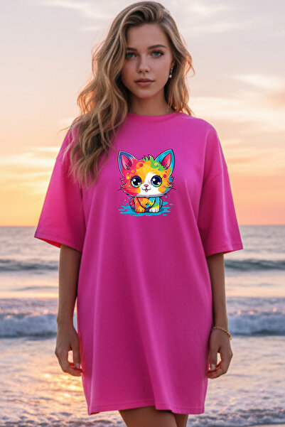 Frisson Elbisee Γυναικείο Κόκκινο Φόρεμα T-Shirt Oversize – Με Πολύχρωμη Στάμ...