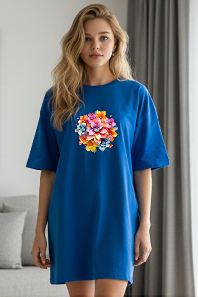 valeriae Elbisee Γυναικείο Κόκκινο Φόρεμα T-Shirt Oversize – Με Πολύχρωμο Σχέ...
