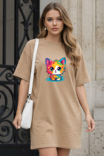 bellanova Elbisee Γυναικείο Κόκκινο Φόρεμα T-Shirt Oversize – Με Πολύχρωμη Στ...