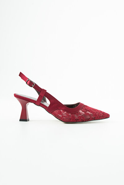 es exello Burgundy Lace Detailed Open Back 6 cm Goblet Heeled Shoes