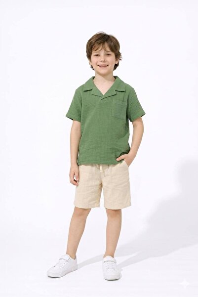 Jolly Kids Boy's Muslin Fabric Shirt and Collared Shorts Set