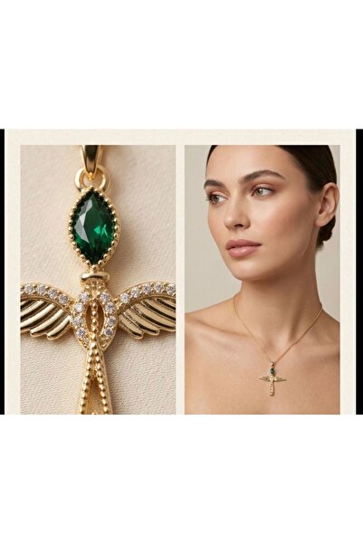 KARE ACCESORIES قلادة على شكل جناح ملاك من حجر الزمرد الأخضر