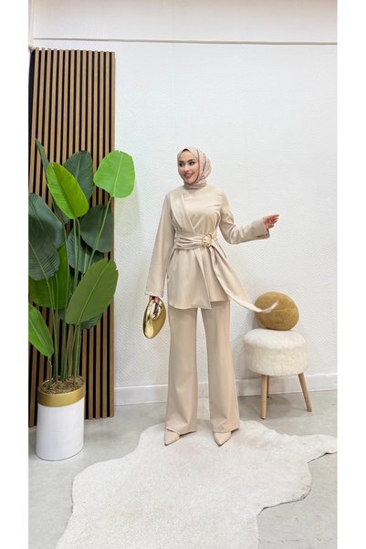 modasusev طقم عصري مزدوج من الملابس المحجبة بتصميم مميز وحزام خصر أنيق