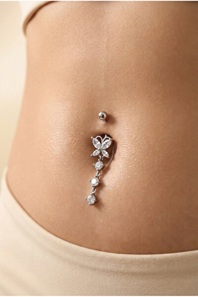 Vilma Aksesuar Cerrahi Çelik Sallantılı Taşlı Kelebek Göbek Piercing (10mm)