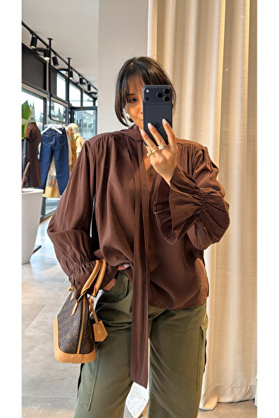 My Blog Καφέ Λεπτομέρεια με βολάν Με βάτες Μπλούζα - 1016