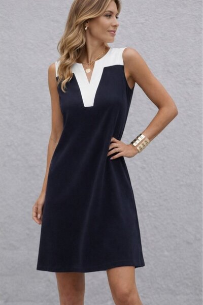 Simala Women's Strappy V-Neck Double Color Short Viscose Two Thread Dress