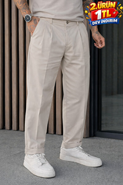 DAMGA JEANS Ανδρικό παντελόνι από ύφασμα πέτρας με ψηλόμεσο πλισέ σχέδιο Rela...