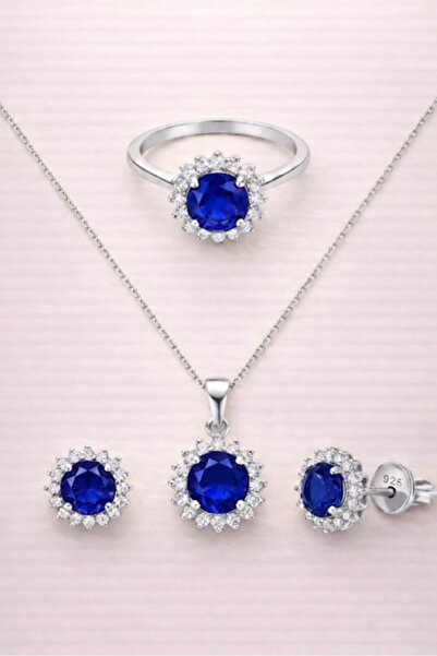 TASLİDUSLERJEWELRY 925 Ayar Gümüş Safir Mavi Zirkon Taşlı Takı Seti