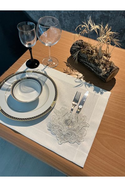 Butikhome by Egemar Monet Linen French Lace American Serving Napkin 35X45Cm with Fork Knife Spoon Cover