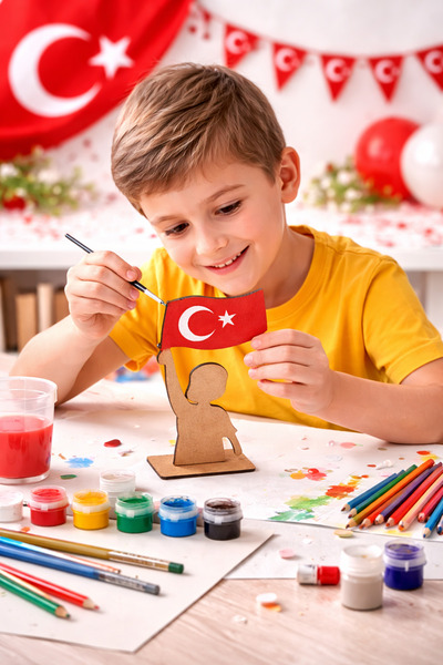 CARON CHOCOLATE 10 Adet Eğitici Ahşap Boyama Bayrak Tutan Çocuk | Kendin Boya...