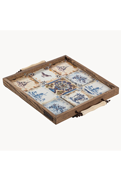 Empressco Selanik Etnik Çini Seramik Doğal Ağaç Çerçeveli 32x32 cm Servis Sun...
