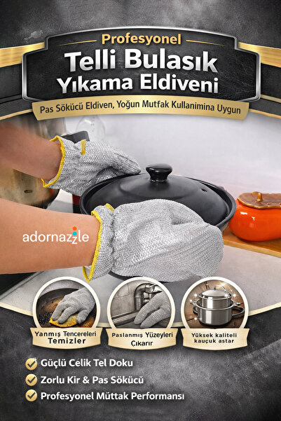KCA HOME Profesyonel Telli Bulaşık Yıkama Eldiveni, Su Geçirmez, Pas Sökücü E...
