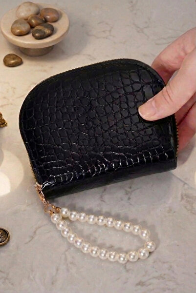 shop محفظة نسائية/حامل بطاقات من الجلد باللون الأسود مع تفاصيل من اللؤلؤ