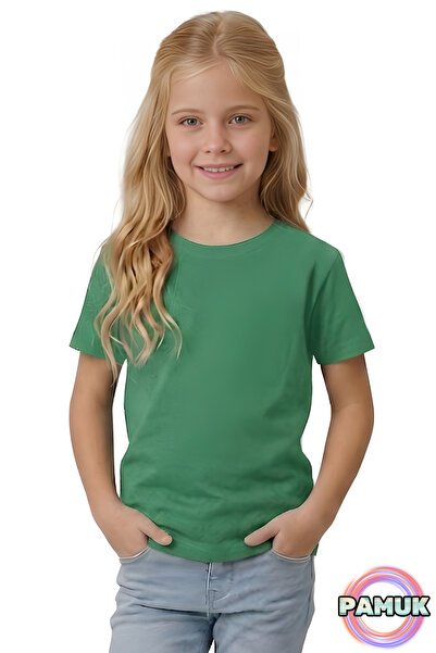 United Fabrics Kısa Kollu Çocuk Tişört-Unisex Yeşil Basic Pamuklu Bisiklet Ya...