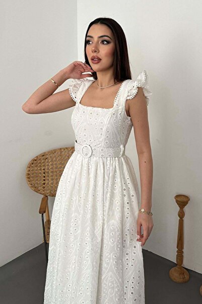 Julidress Φόρεμα Premium Brode Fisto με τετράγωνο γιακά, ΖΩΝΗ και δαντέλα