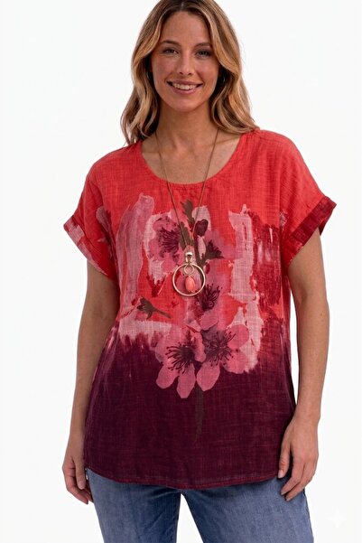 AYASOFYA OTANTIK Women's Italian Red Round Neck Oversize Casual 100% Cotton S...