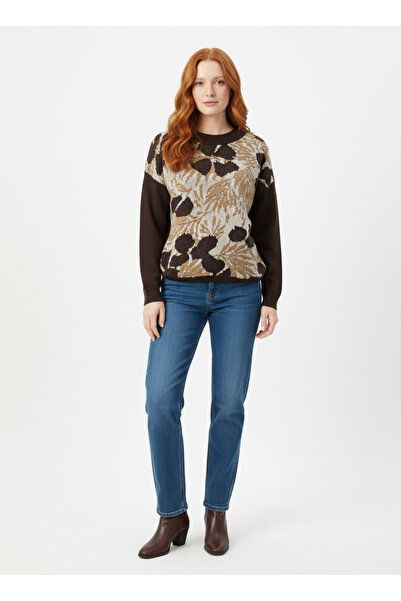 Neden Tekstil Women's Brown Patterned Crew Neck Knitwear Sweater