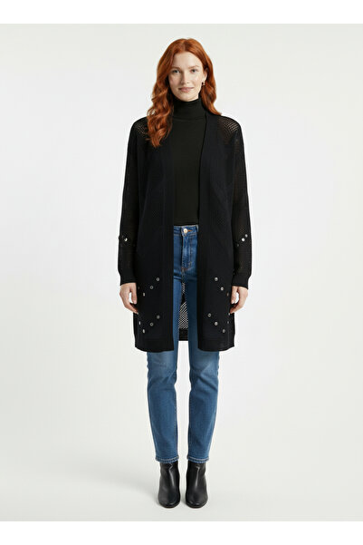 Neden Tekstil Μαύρη γυναικεία πλεκτή μακριά ζακέτα με τρύπες