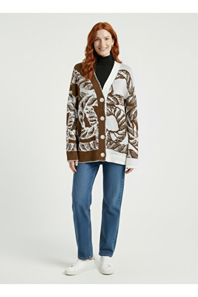 Neden Tekstil Women's V-Neck Buttoned Patterned Knitwear Cardigan