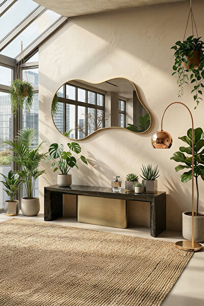 Fawdecor Asimetrik Ahşap Çerçeveli Organik Form Duvar Aynası | Modern Dekorat...