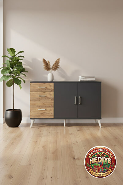 mobihobi Luna Konsol: 2 Raflı 3 Çekmeceli 2 Kapaklı Antrasit/Çam 132x44x83