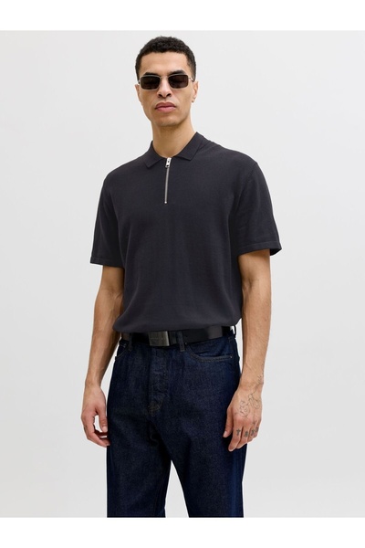 Jack & Jones سترة رجالية سوداء فضفاضة 12288260 JJEEMIL KNIT ZIP POLO SN