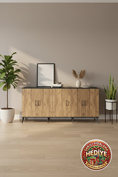 mobihobi Luna Konsol 3 Raflı 5 Kapaklı 220x44x99 Antrasit-Çam: Fonksiyonel Şı...