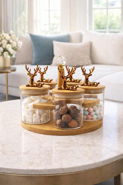 NOKKA Bambu Standlı 5’li Cam Baharatlık & Sunumluk Seti – Gold Geyik Kapaklı