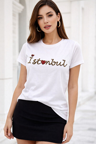 Rich Γυναικείο μπλουζάκι από λευκό βαμβάκι με κεντημένες παγιέτες και λαιμόκο...